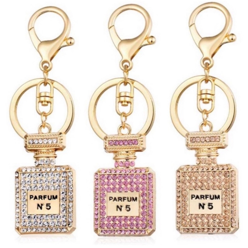 Lot of 3 Parfum Keychains No. 5 Gold Cubic Zirconia Cute Purse Charm Accessories